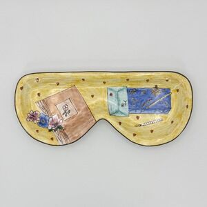 Empress Arts 2002 Handpainted Enamel Trinket Eyeglass Tray Yellow Floral Hearts